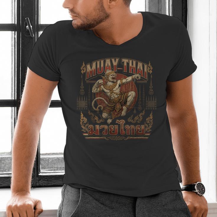 Muay Thai Power Vintage Thai Boxing Warrior Fighter Monkey Men's V-Neck T-Shirt Muay Thai Power Vintage Thai Boxing Warrior Fighter Monkey Men's V-Neck T-Shirt