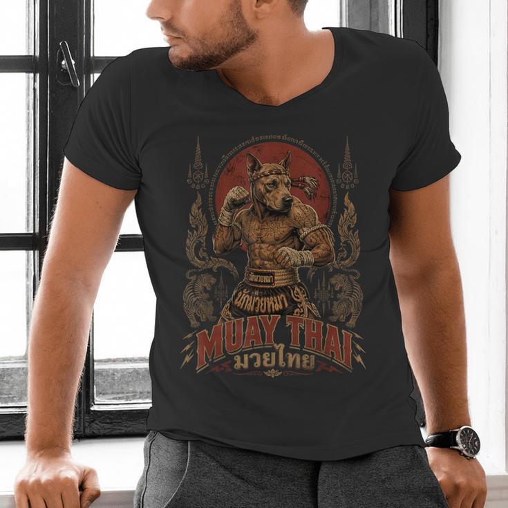 Muay Thai Roots Vintage Thai Boxing Fighter Thailand Dog Men's V-Neck T-Shirt