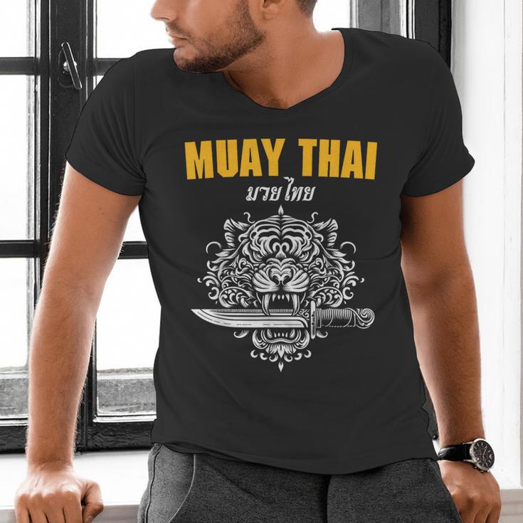 Muay Thai Sak Yant MMA Tattoo Tiger Lion Knife Martial Art Men's V-Neck T-Shirt