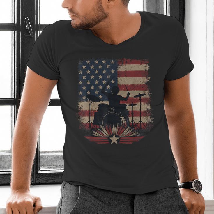 Patriotic Drum Kit Silhouette American Flag Men's V-Neck T-Shirt Patriotic Drum Kit Silhouette American Flag Men's V-Neck T-Shirt
