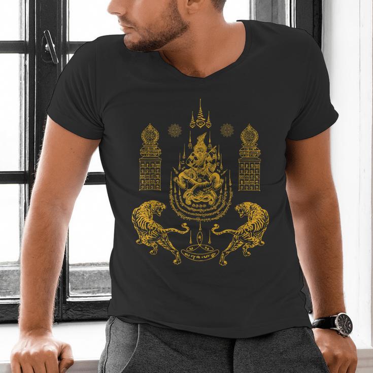 Sawadee Thai Traditional Sak Yant Thai Twin Tigers Muay Thai Men's V-Neck T-Shirt Sawadee Thai Traditional Sak Yant Thai Twin Tigers Muay Thai Men's V-Neck T-Shirt