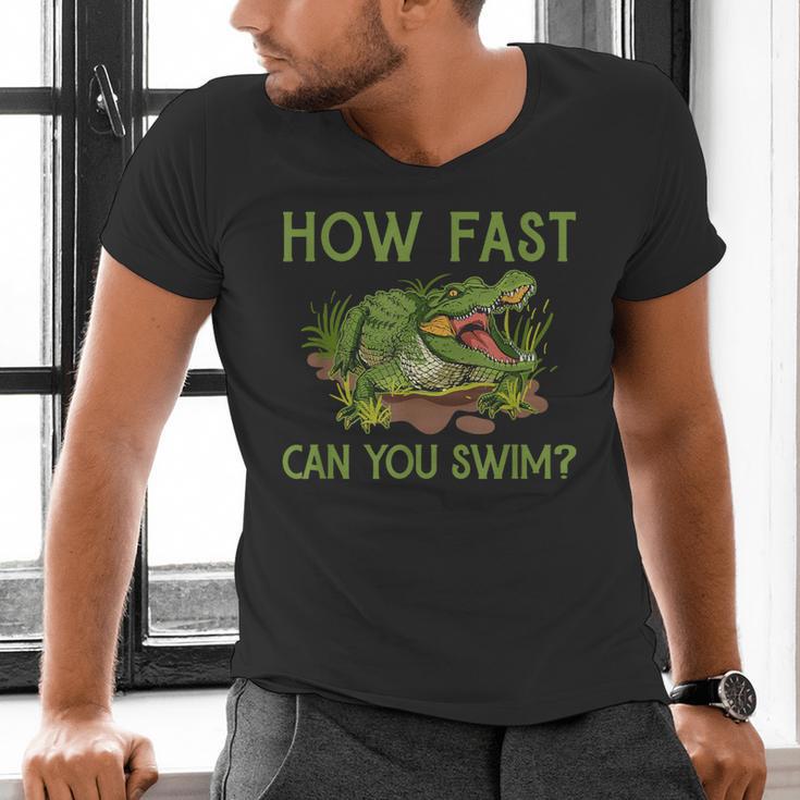 Swimmer Crocodile Swimming Humor How Fast You Can Swim Men's V-Neck T-Shirt Swimmer Crocodile Swimming Humor How Fast You Can Swim Men's V-Neck T-Shirt