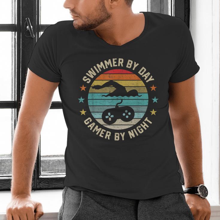 Swimmer By Day Gamer By Night Swimming Swim Lover Gaming Men's V-Neck T-Shirt Swimmer By Day Gamer By Night Swimming Swim Lover Gaming Men's V-Neck T-Shirt