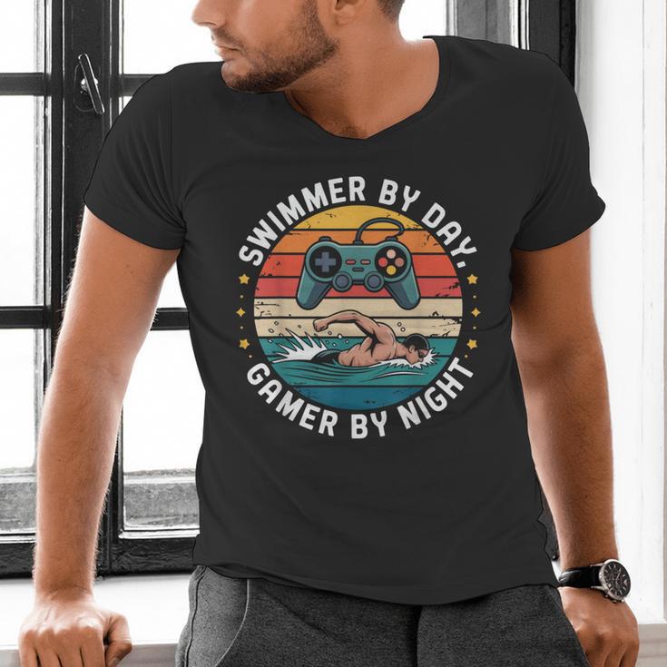Swimmer By Day Gamer By Night Swimming Vintage Gaming Swim Men's V-Neck T-Shirt