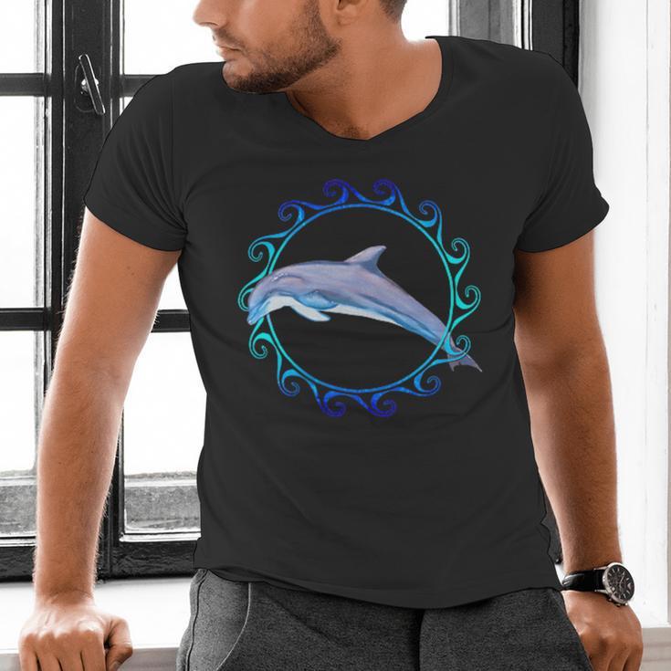 Swimming Dolphin Maori Sun Tribal Waves 2-Sided Men's V-Neck T-Shirt