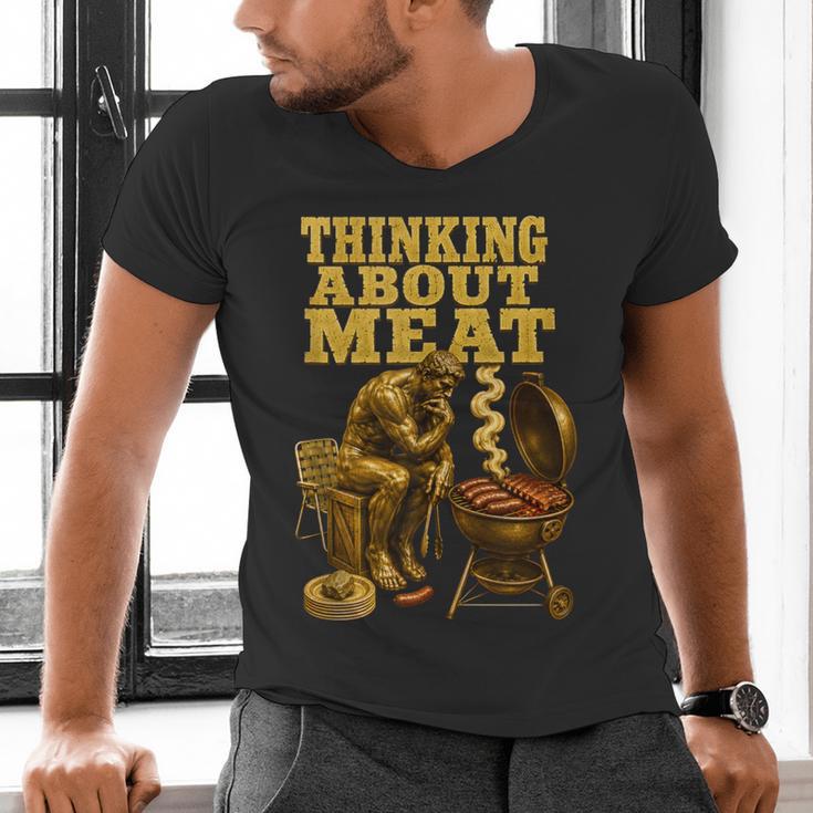 Thinking About Meat BBQ Dad Humor Men's V-Neck T-Shirt