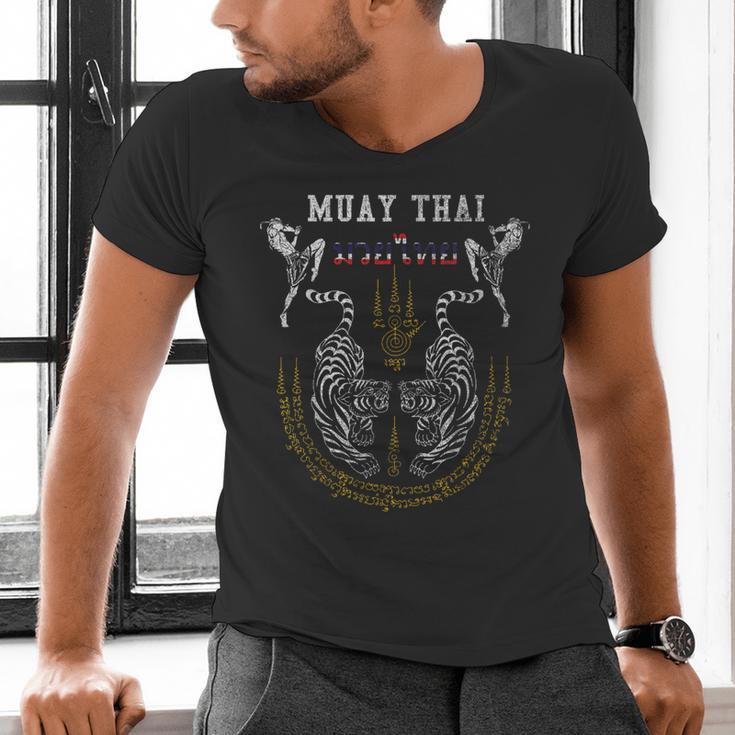 Twin Tiger Sak Yant Muay Thai Fighter Tee Martial Art Men's V-Neck T-Shirt