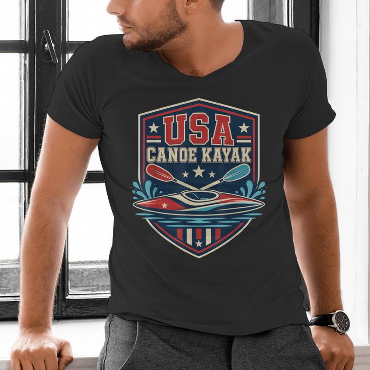 USA Canoe Kayak Paddling American Flag Emblem Men's V-Neck T-Shirt USA Canoe Kayak Paddling American Flag Emblem Men's V-Neck T-Shirt