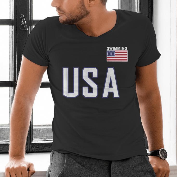 USA Flag Swim Swimming Sport Practice Equipment Men Women Men's V-Neck T-Shirt USA Flag Swim Swimming Sport Practice Equipment Men Women Men's V-Neck T-Shirt