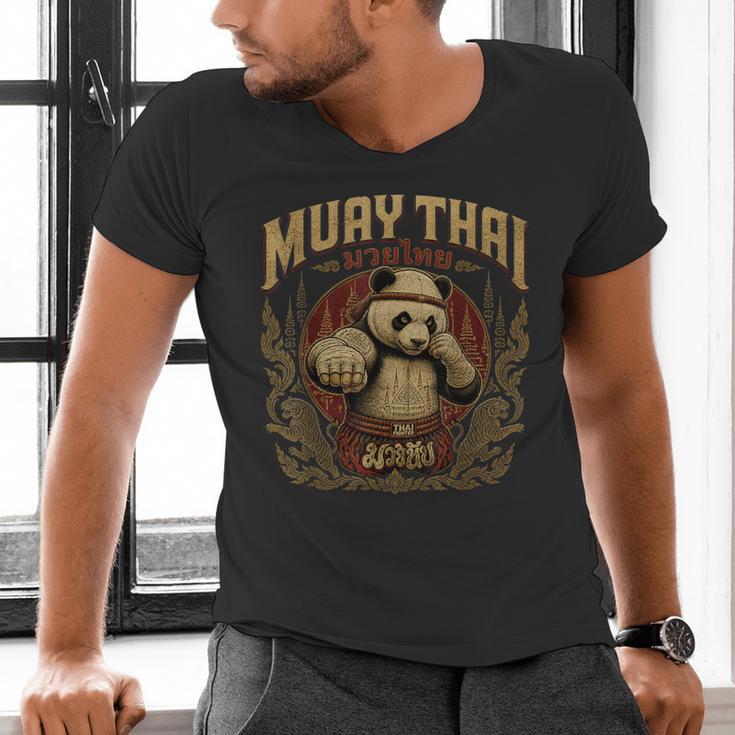 Vintage Muay Thai Gym Thai Boxing Training Fighter Panda Men's V-Neck T-Shirt