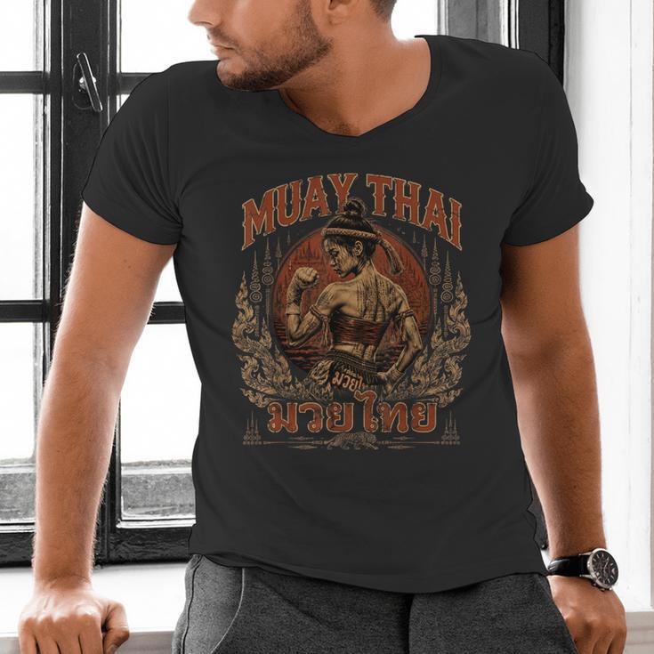 Weathered Muay Thai Fighter Thai Boxing Warrior Art Men's V-Neck T-Shirt