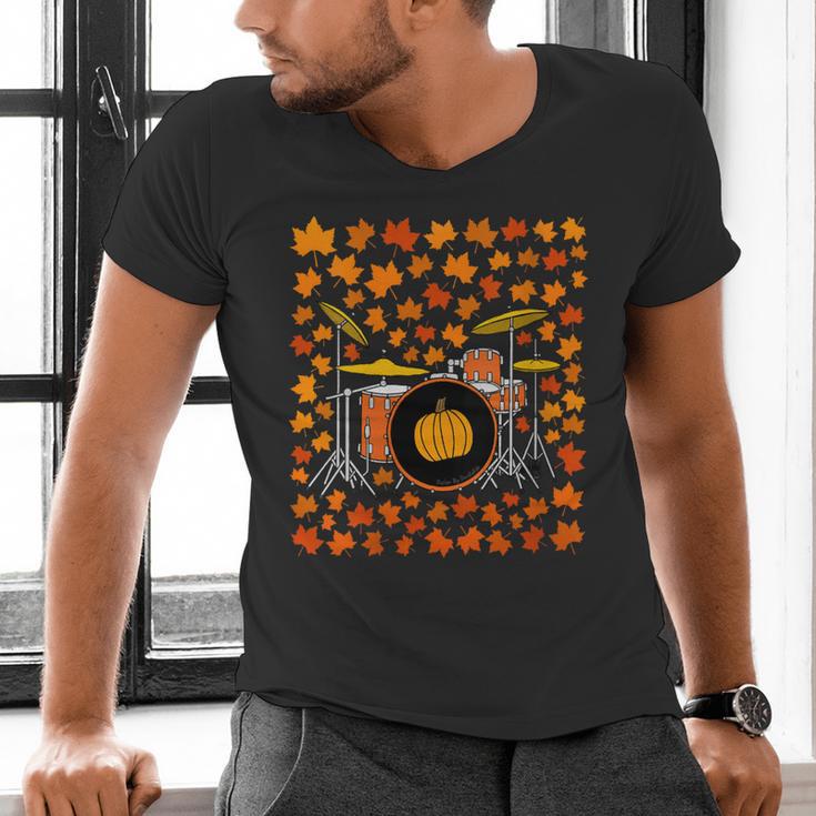 Women's Drum Kit With Leaves Fall Drummer Autumn Musician Men's V-Neck T-Shirt