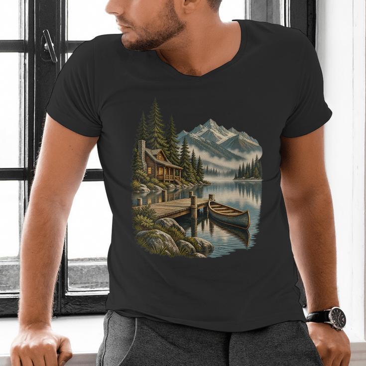 Women's Lakeside Canoe Cabin Escape Scene Men's V-Neck T-Shirt