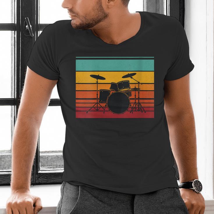 Women's Retro Drum Kit Silhouette With Color Stripes Men's V-Neck T-Shirt Women's Retro Drum Kit Silhouette With Color Stripes Men's V-Neck T-Shirt