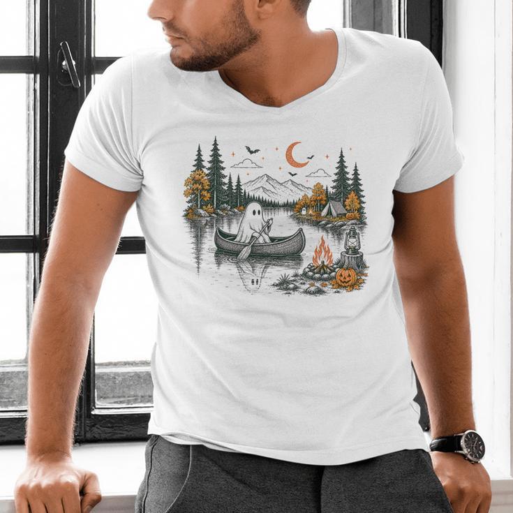 Canoe Ghost Camping Ghost Lake Halloween Spooky Fall Camping Men's V-Neck T-Shirt