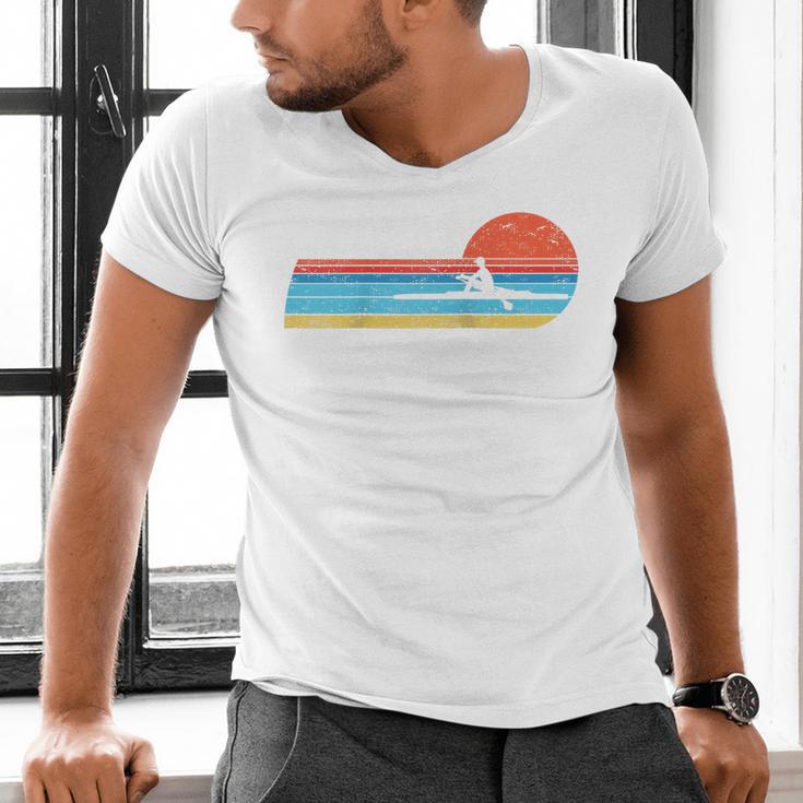 Canoes-Rowing Canoe-Rower Canoeing-Canoeist Vintage Canoes Raglan Baseball Tee Men's V-Neck T-Shirt Canoes-Rowing Canoe-Rower Canoeing-Canoeist Vintage Canoes Raglan Baseball Tee Men's V-Neck T-Shirt