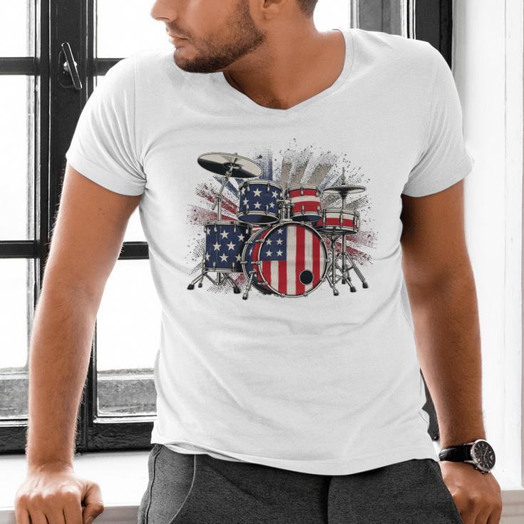 Drum Kit With American Flag Graphic For Musicians Men's V-Neck T-Shirt Drum Kit With American Flag Graphic For Musicians Men's V-Neck T-Shirt