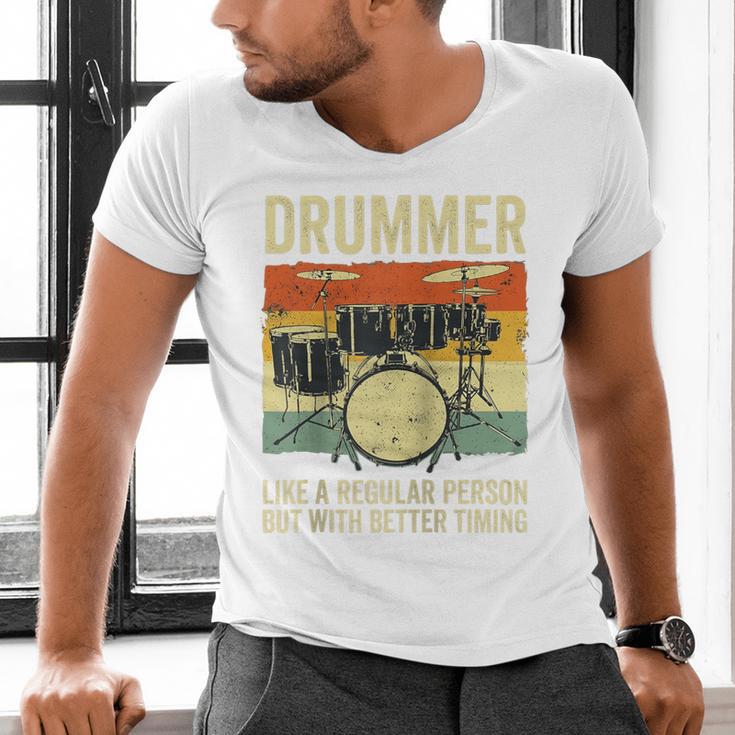 Drummer Better Timing Retro Vintage Sunset Drum Kit Graphic Raglan Baseball Tee Men's V-Neck T-Shirt