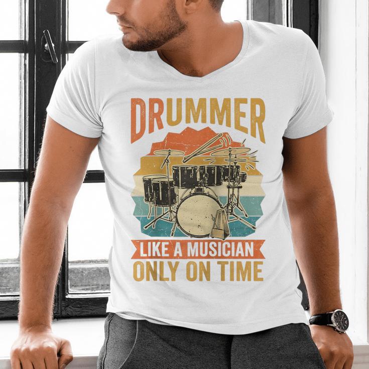 Drummer Like a Musician Only On Time Vintage Sunset Drum Kit Raglan Baseball Tee Men's V-Neck T-Shirt