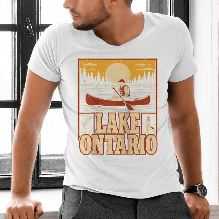 Lake Ontario Canoe Fishing Light House Sunset Retro Raglan Baseball Tee Men's V-Neck T-Shirt Lake Ontario Canoe Fishing Light House Sunset Retro Raglan Baseball Tee Men's V-Neck T-Shirt