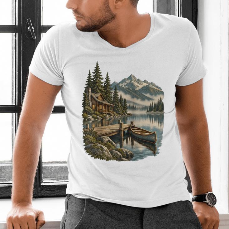 Lakeside Canoe Cabin Escape Scene Raglan Baseball Tee Men's V-Neck T-Shirt