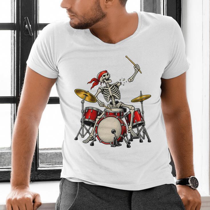 Skeleton Drummer Skull Drum Kit Halloween Raglan Baseball Tee Men's V-Neck T-Shirt Skeleton Drummer Skull Drum Kit Halloween Raglan Baseball Tee Men's V-Neck T-Shirt
