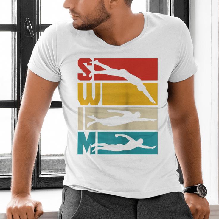 Swim Swimming Vintage Retro Swimmer Raglan Baseball Tee Men's V-Neck T-Shirt