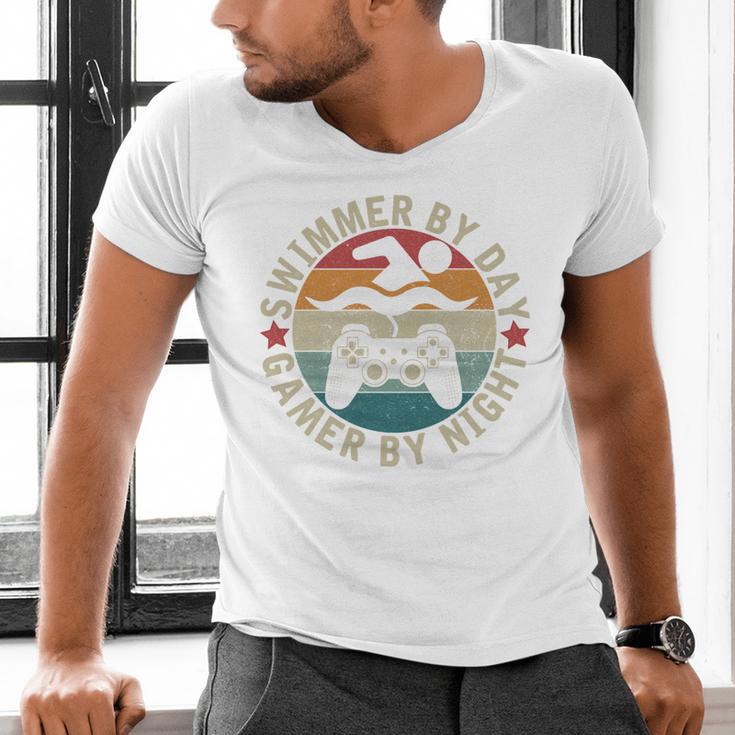 Swimmer By Day Gamer By Night Swimming Swim Gaming Men's V-Neck T-Shirt