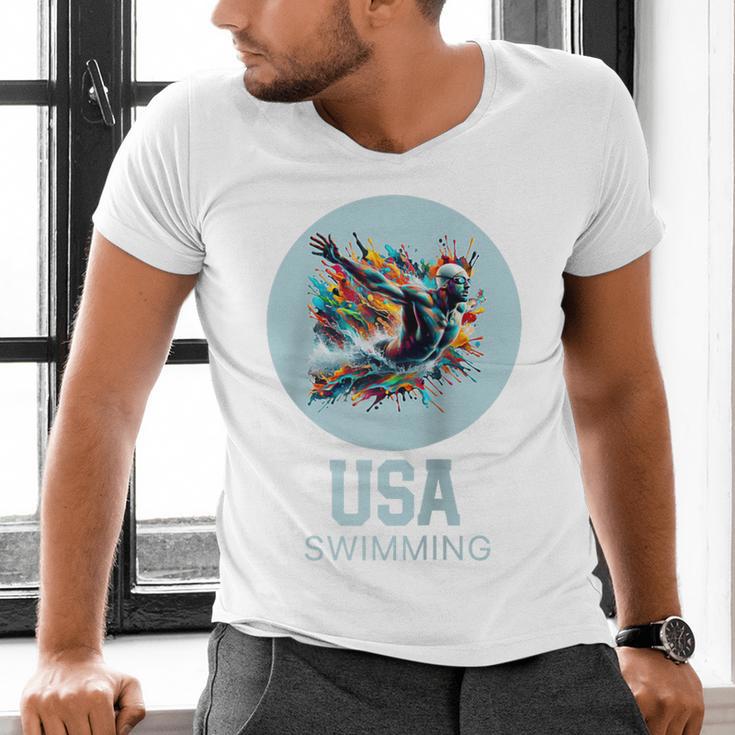 SWIMMING SPORT COMPETITIVE SWIM Raglan Baseball Tee Men's V-Neck T-Shirt SWIMMING SPORT COMPETITIVE SWIM Raglan Baseball Tee Men's V-Neck T-Shirt