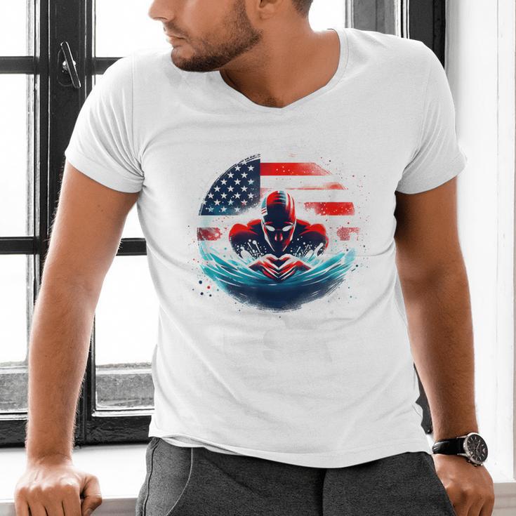 Swimming United States American Swimming Apparel Swimming Men's V-Neck T-Shirt Swimming United States American Swimming Apparel Swimming Men's V-Neck T-Shirt
