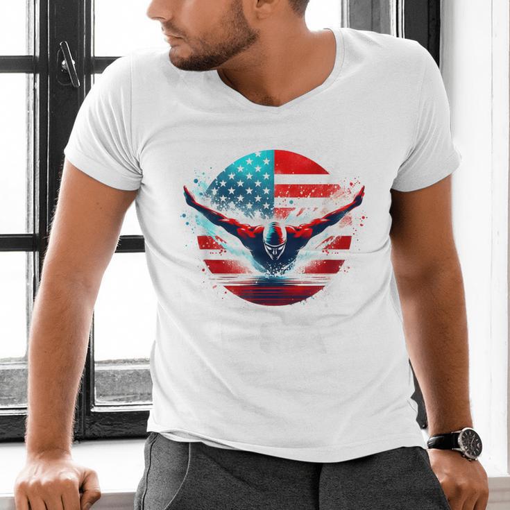 Swimming United States Shirt With American Flag Swimming Men's V-Neck T-Shirt
