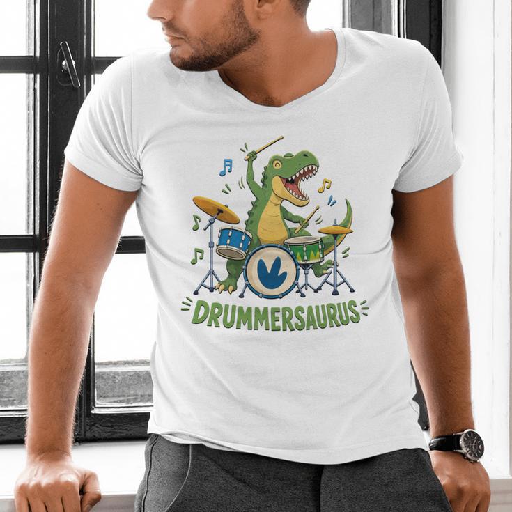 T-Rex Drumming With Drum Kit And Musical Notes Men's V-Neck T-Shirt T-Rex Drumming With Drum Kit And Musical Notes Men's V-Neck T-Shirt