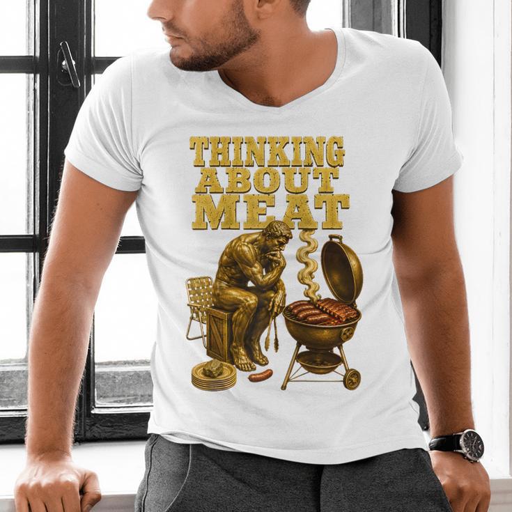 Thinking About Meat BBQ Dad Humor Raglan Baseball Tee Men's V-Neck T-Shirt Thinking About Meat BBQ Dad Humor Raglan Baseball Tee Men's V-Neck T-Shirt