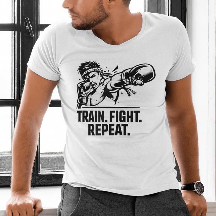 Train Fight Repeat Nak Muay Thai Boxing Fighter Raglan Baseball Tee Men's V-Neck T-Shirt