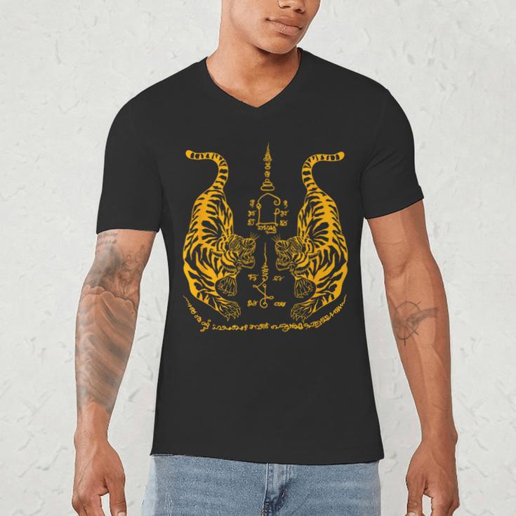 Awesome Orange Double Tiger Muay Thai Sak Yant Men's V-Neck T-Shirt Awesome Orange Double Tiger Muay Thai Sak Yant Men's V-Neck T-Shirt