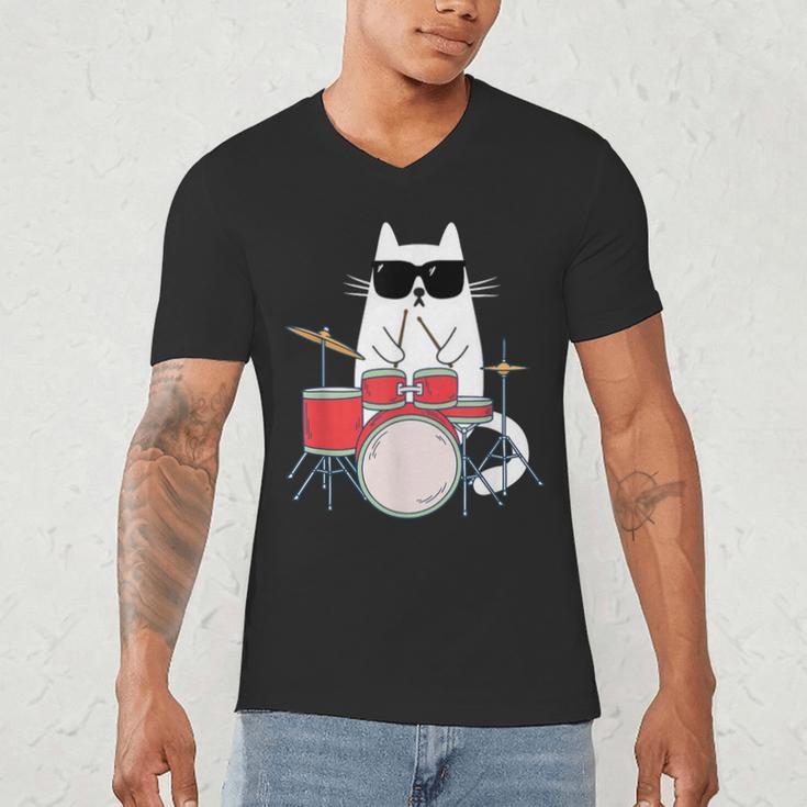 Cat Wearing Sunglasses Playing Drums Drum Kit Musician Men's V-Neck T-Shirt