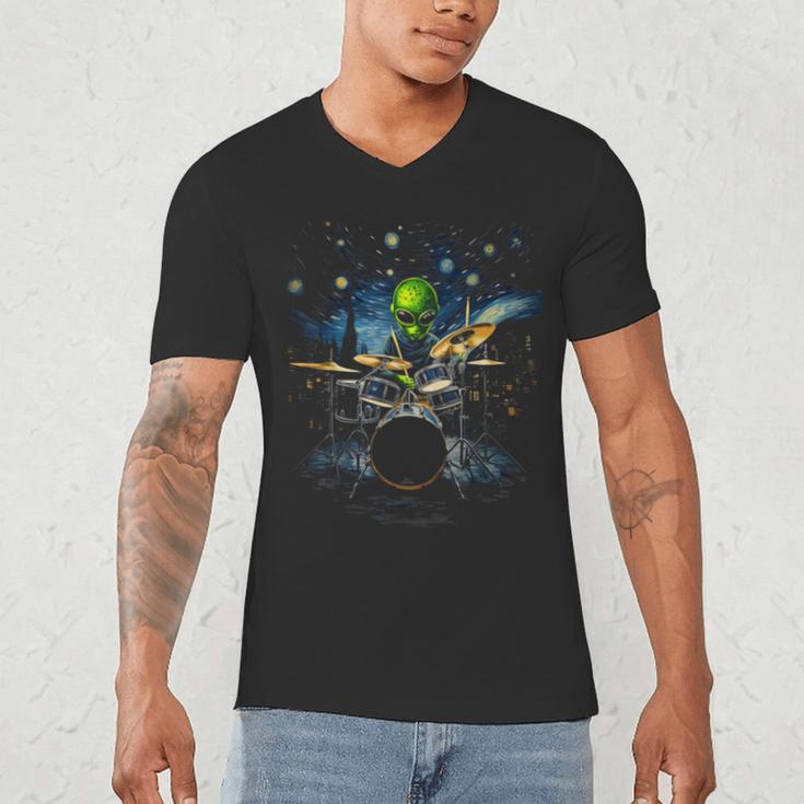 Drum Kit Percussionist Drummer Van Gogh Alien Playing Drums Men's V-Neck T-Shirt Drum Kit Percussionist Drummer Van Gogh Alien Playing Drums Men's V-Neck T-Shirt