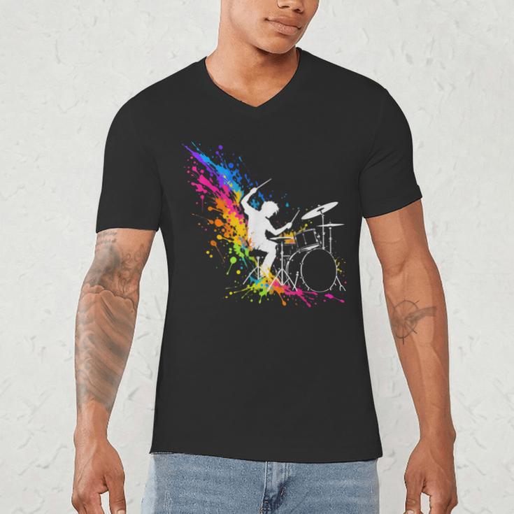 Drummer Silhouette Drum Kit Splatter Art Men's V-Neck T-Shirt Drummer Silhouette Drum Kit Splatter Art Men's V-Neck T-Shirt