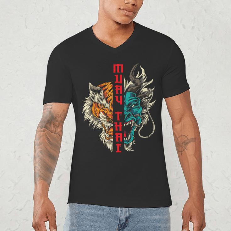 Muay Thai Thai Boxing Dragon Tiger Men's V-Neck T-Shirt Muay Thai Thai Boxing Dragon Tiger Men's V-Neck T-Shirt