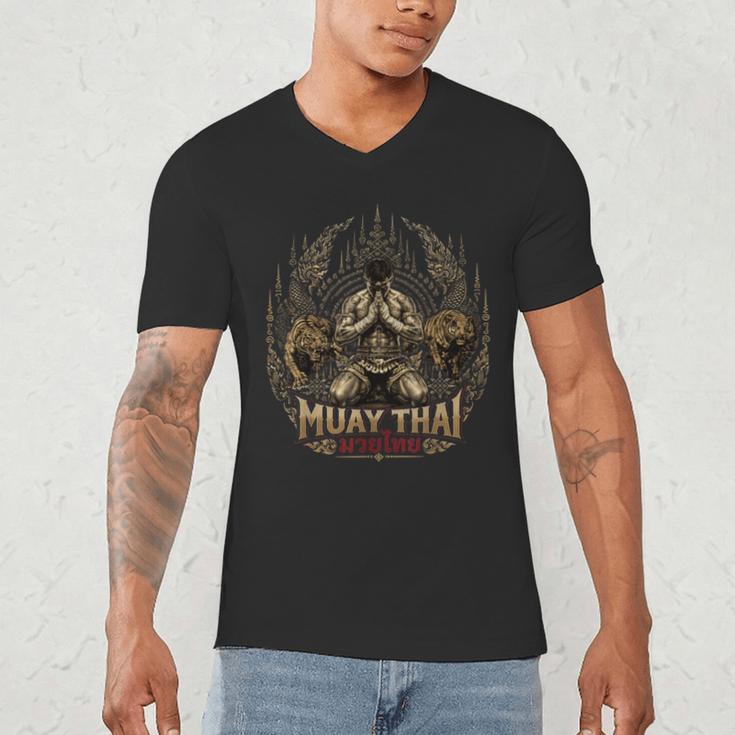Muay Thai Clinch Vintage Thai Boxing Fighter Art Men's V-Neck T-Shirt