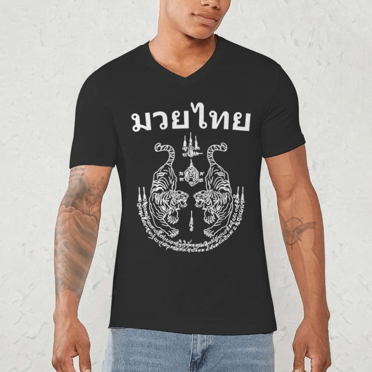 Muay Thai Language Sak Yant Art Tattoo Twin Tiger Kickboxing Men's V-Neck T-Shirt Muay Thai Language Sak Yant Art Tattoo Twin Tiger Kickboxing Men's V-Neck T-Shirt