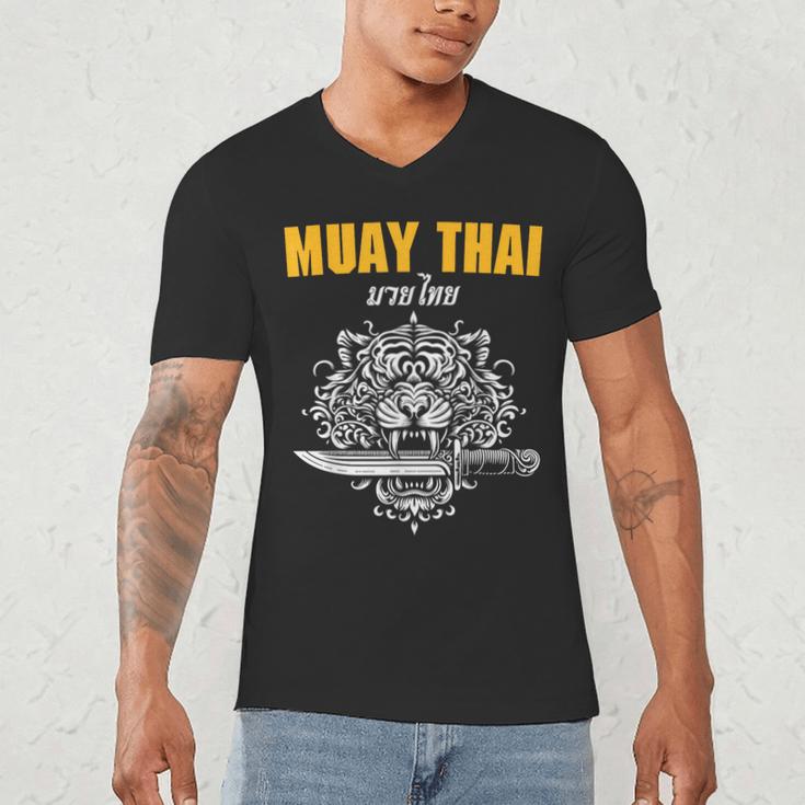 Muay Thai Sak Yant MMA Tattoo Tiger Lion Knife Martial Art Men's V-Neck T-Shirt