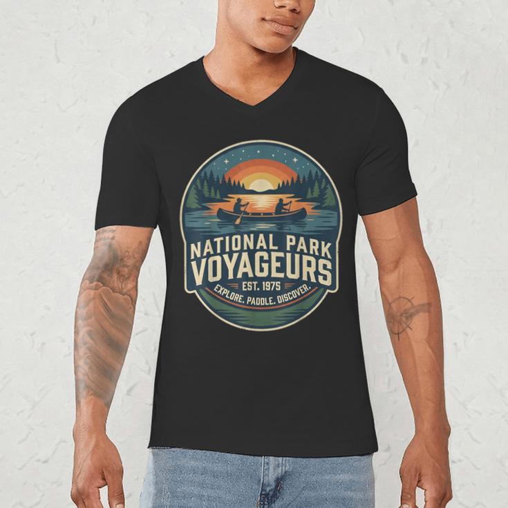 National Park Voyageurs Retro Sunset Canoe Paddling Badge Men's V-Neck T-Shirt National Park Voyageurs Retro Sunset Canoe Paddling Badge Men's V-Neck T-Shirt