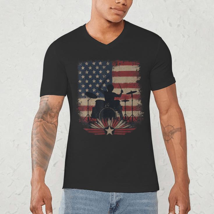 Patriotic Drum Kit Silhouette American Flag Men's V-Neck T-Shirt Patriotic Drum Kit Silhouette American Flag Men's V-Neck T-Shirt