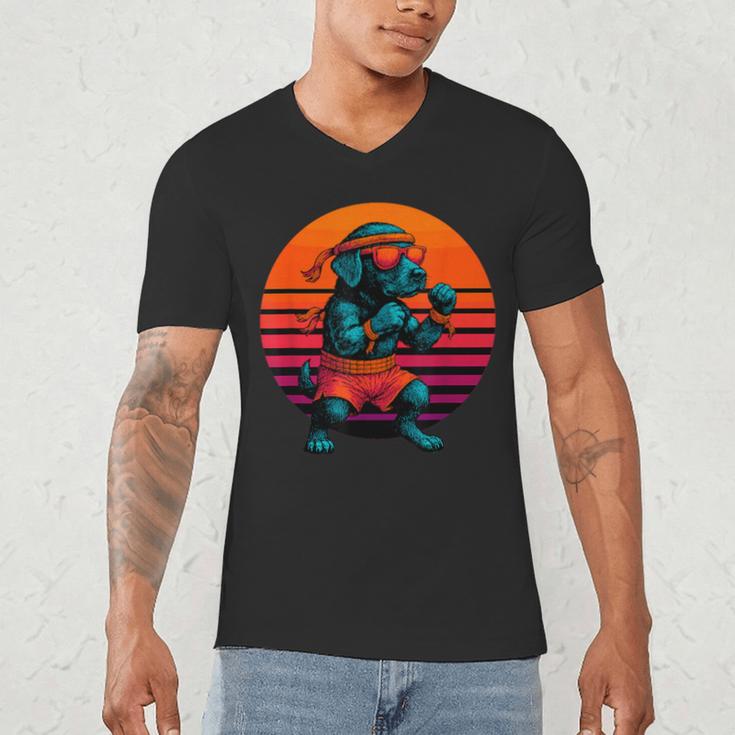Retro Dog With Gloves Muay Thai Fighter Men's V-Neck T-Shirt