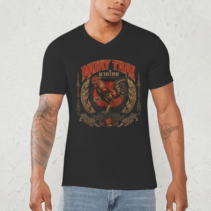 Retro Muay Thai Woman Thai Boxing Warrior Fighter Chicken Men's V-Neck T-Shirt