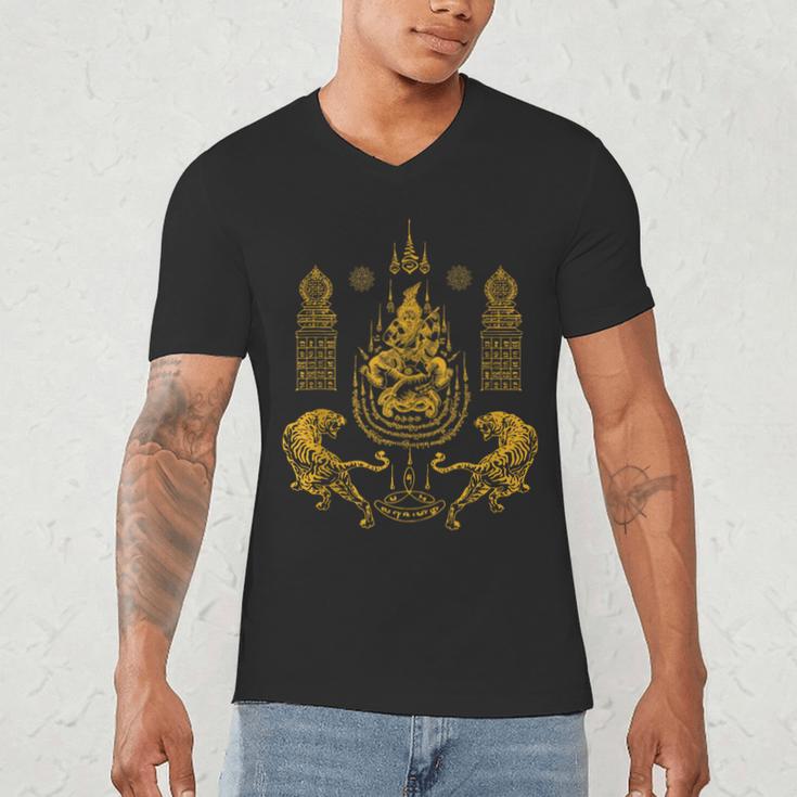 Sawadee Thai Traditional Sak Yant Thai Twin Tigers Muay Thai Men's V-Neck T-Shirt Sawadee Thai Traditional Sak Yant Thai Twin Tigers Muay Thai Men's V-Neck T-Shirt
