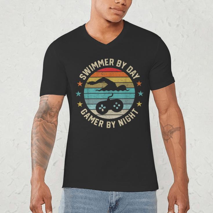 Swimmer By Day Gamer By Night Swimming Swim Lover Gaming Men's V-Neck T-Shirt Swimmer By Day Gamer By Night Swimming Swim Lover Gaming Men's V-Neck T-Shirt