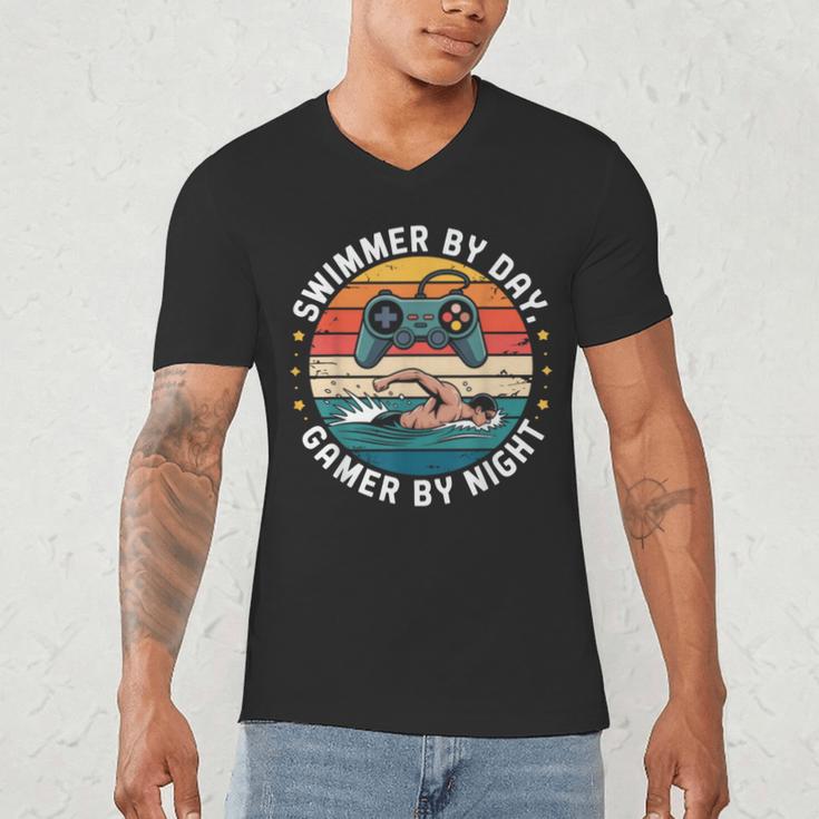 Swimmer By Day Gamer By Night Swimming Vintage Gaming Swim Men's V-Neck T-Shirt