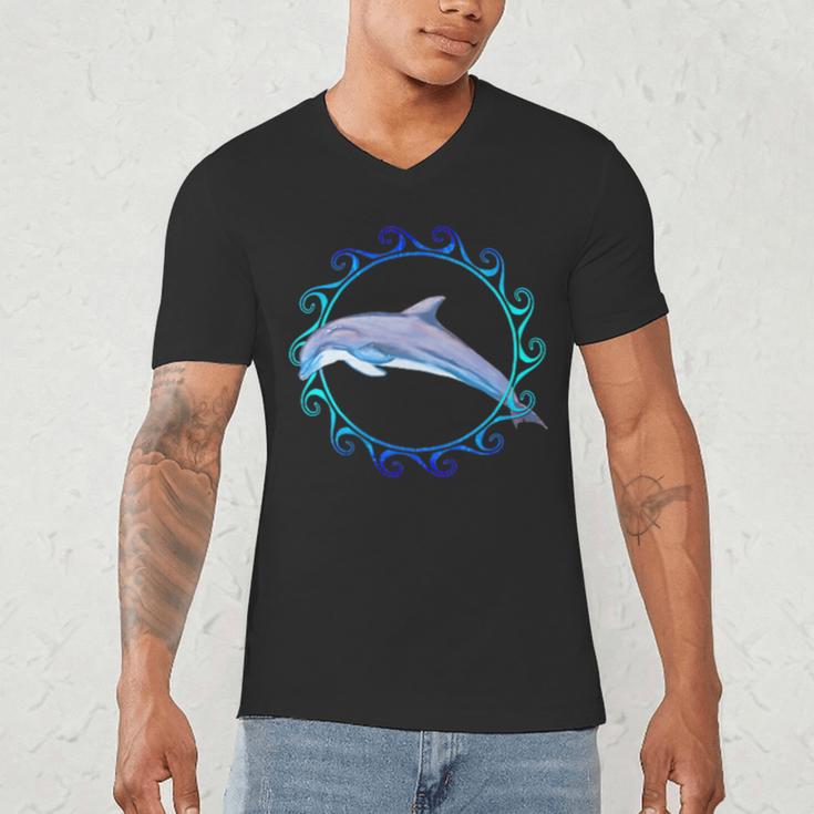 Swimming Dolphin Maori Sun Tribal Waves 2-Sided Men's V-Neck T-Shirt